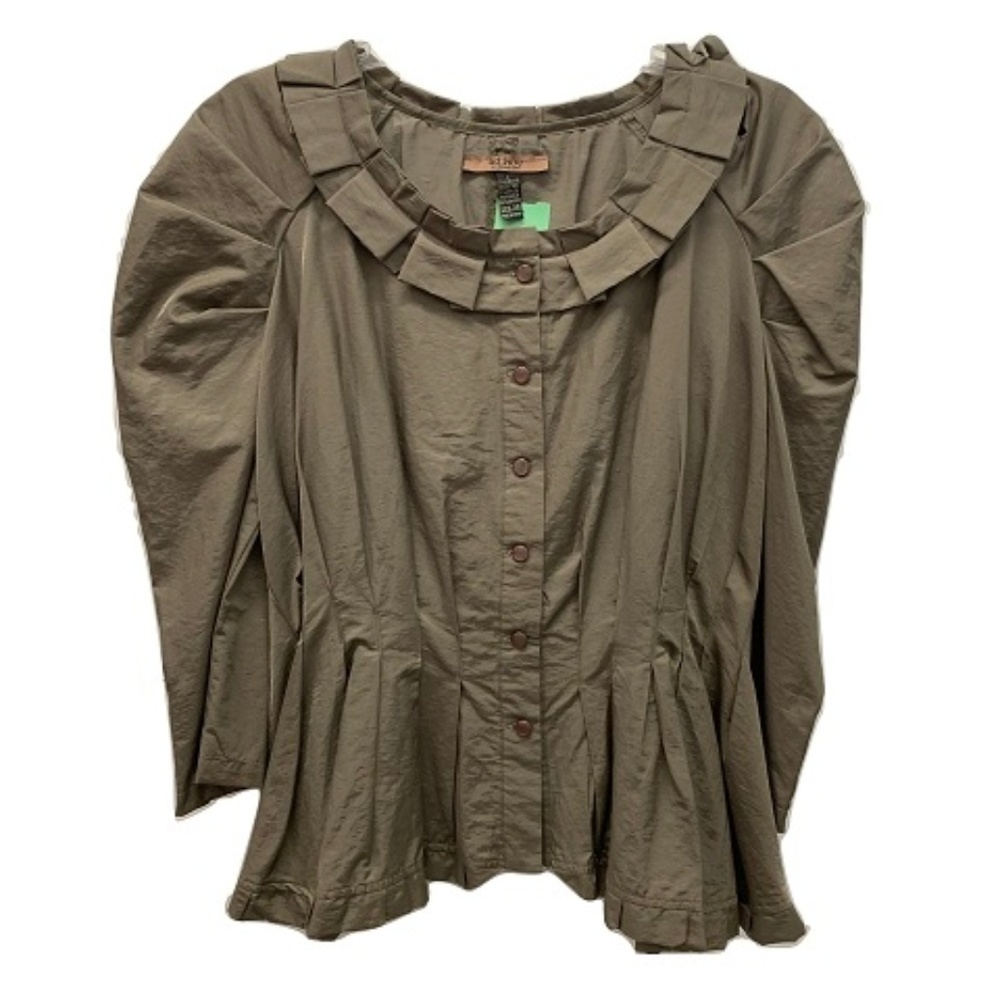 Pleated Collar Button-Up Blouse, Size L